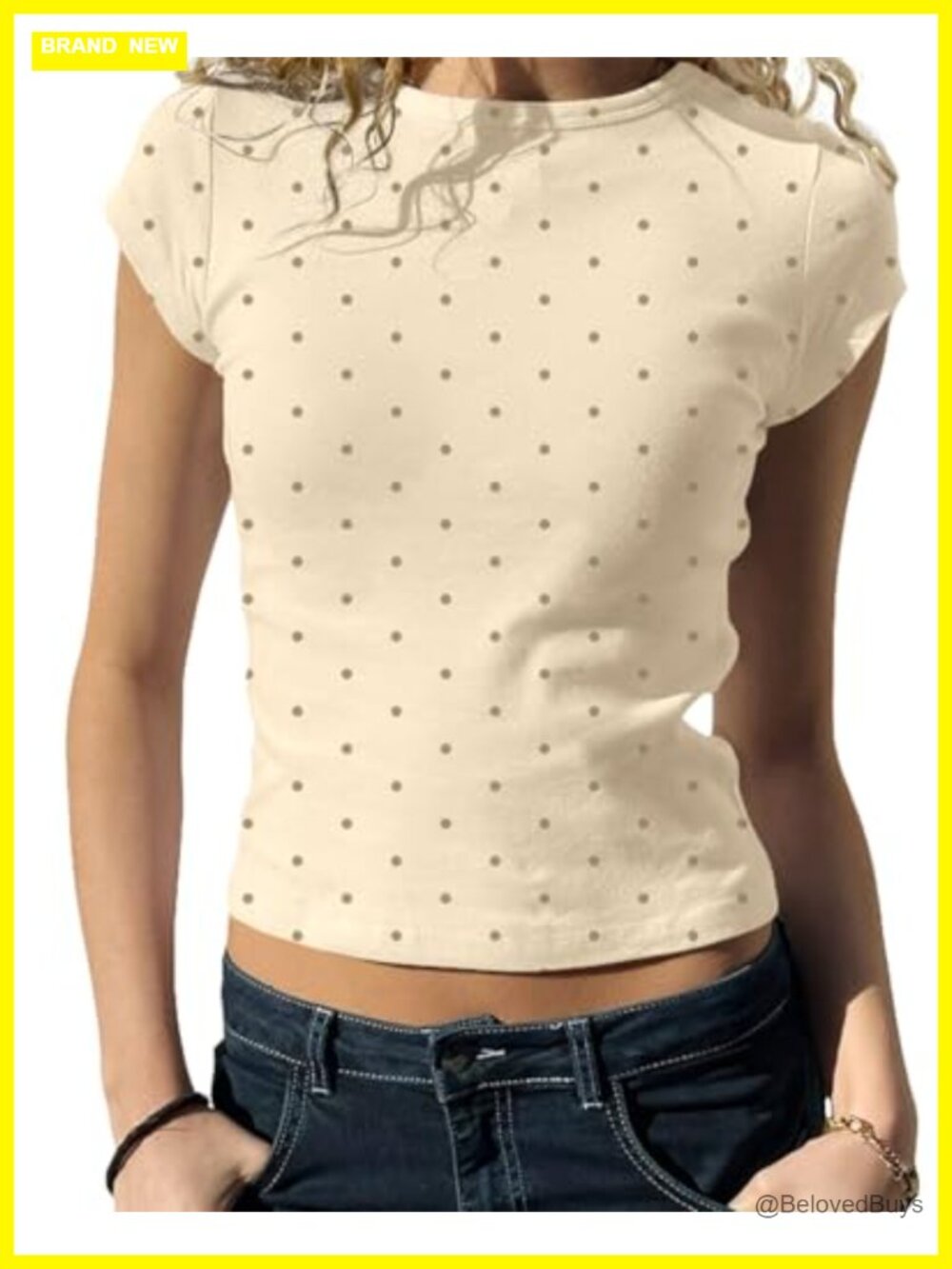 Women Polka Dot Cotton Jersey Crop T-Shirt Slim Fit Crew Neck Short Sleeve